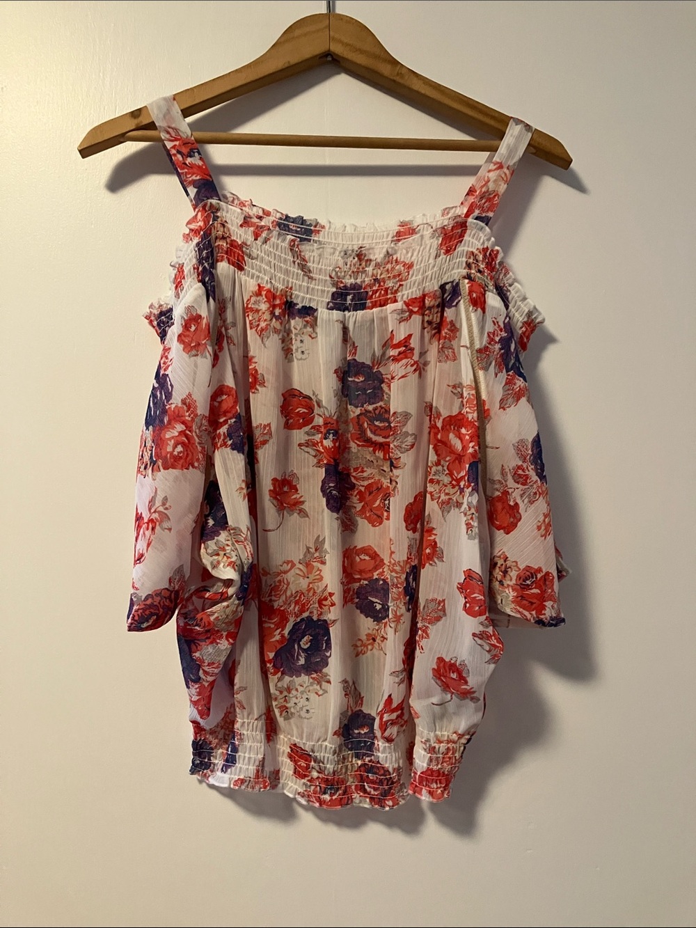 Guess White Off-Shoulder Blouse with Red & Purple Floral Print